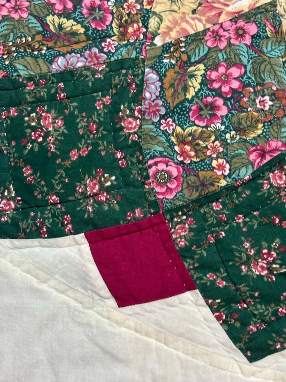 Vint Floral Patchwork Quilt Twin Center Medallion Sawtooth Trim Burgundy Green